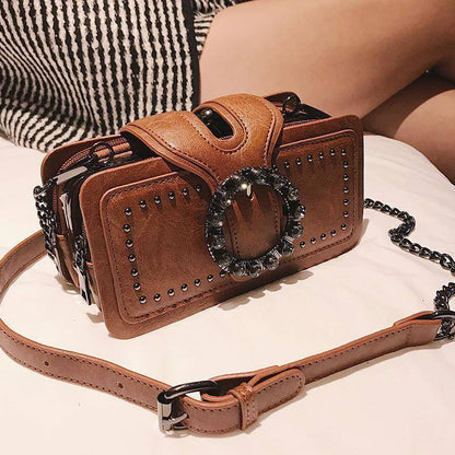Studded Crossbody Bag – Punk Rhinestone Buckle Chain Shoulder Bag