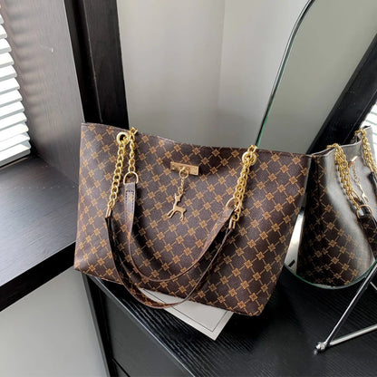 Large Capacity Women's Tote Bag with Gold Chain Strap & Print