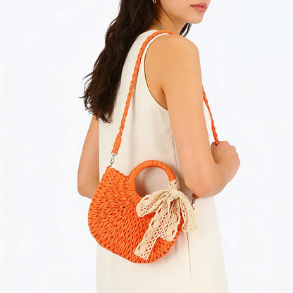 Moon Shape Straw Bag for Women – Woven Rattan Tote with Lace Bow