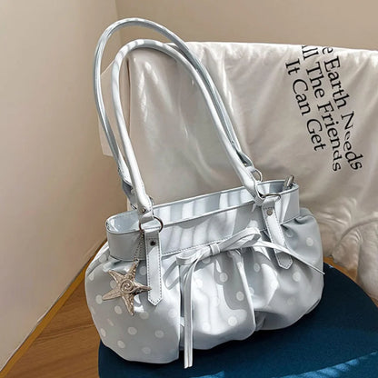 Polka Dot Ruched Hobo Bag – Large Shoulder Bag with Star Charm