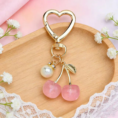 Cherry Resin Bag Charm Keychain with Heart Clip & Pearl