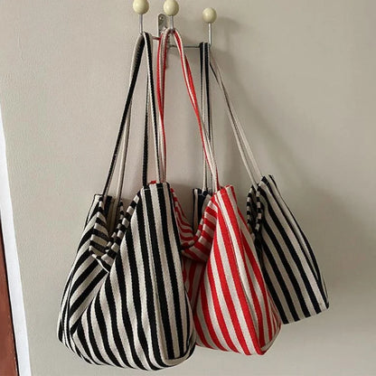 Large Canvas Tote Bag – Striped Shopper Shoulder Bag