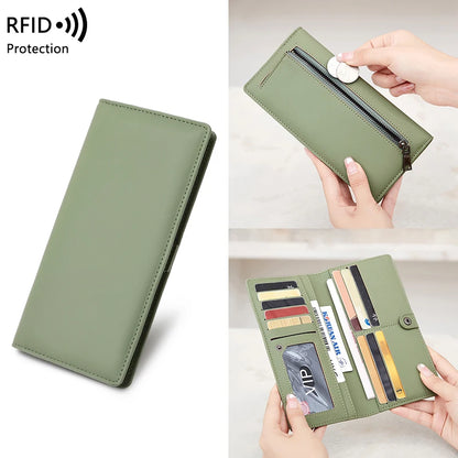 RFID Blocking Women's Long Leather Travel Wallet with Passport Holder & Card Slots