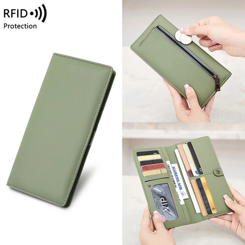 RFID Blocking Women's Long Leather Travel Wallet with Passport Holder & Card Slots