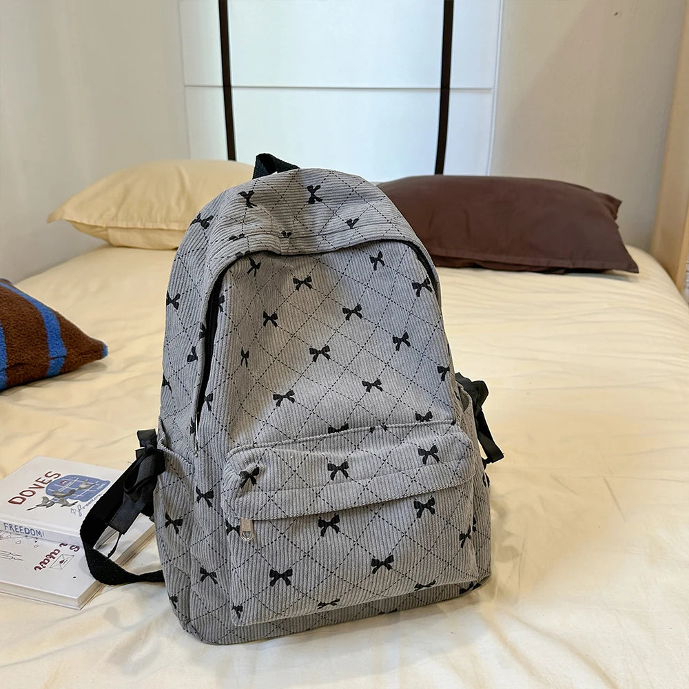 Corduroy Bow Backpack – Cute School Bag for Girls & College Students
