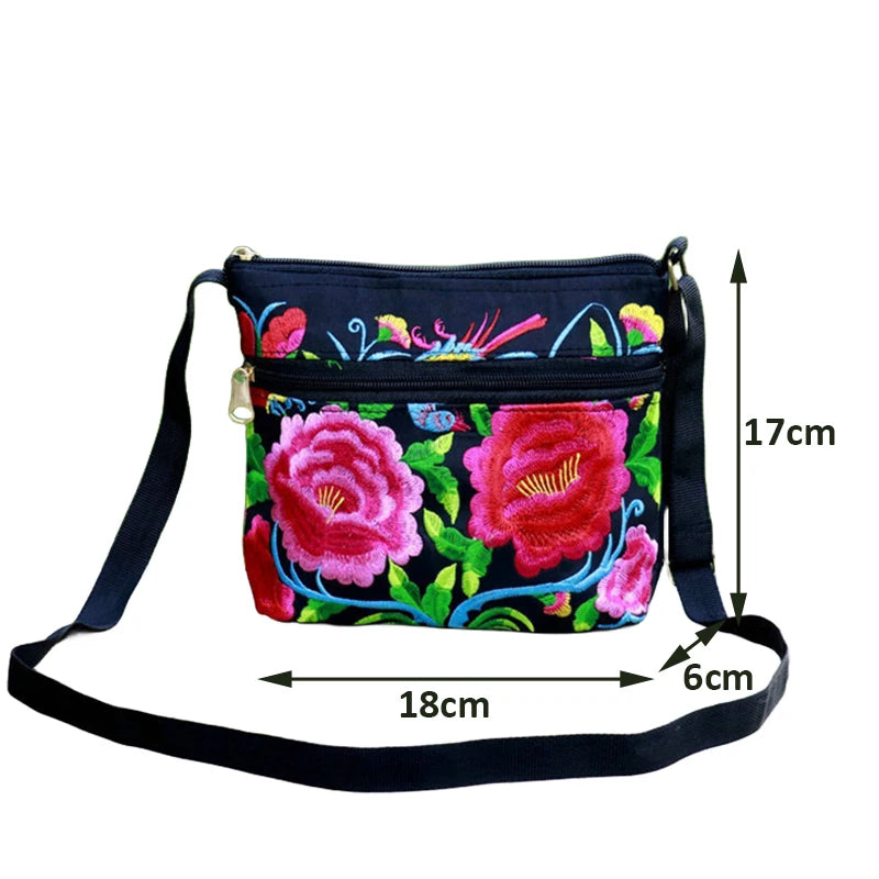 Embroidered Canvas Crossbody Bag – Ethnic Floral Shoulder Bag