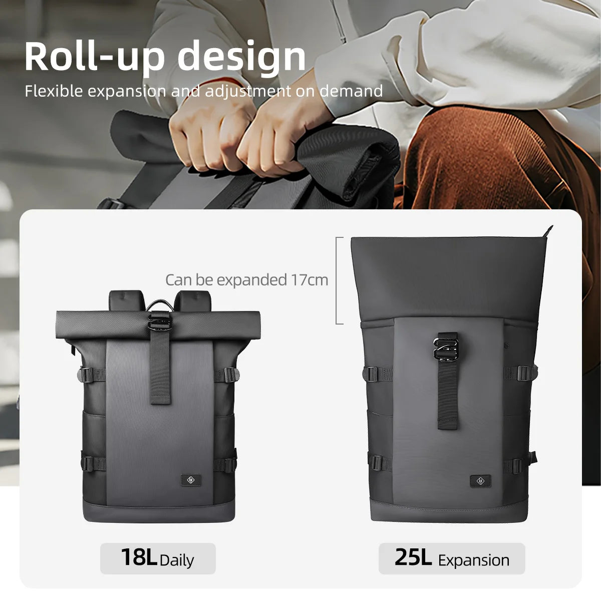 Waterproof Roll-Top Backpack for Men – 17" Expandable Laptop Bag for Travel
