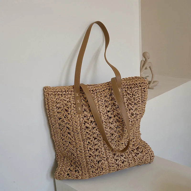 Straw Beach Bag Handwoven Tote with Leather Straps