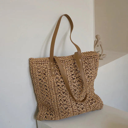 Straw Beach Bag Handwoven Tote with Leather Straps