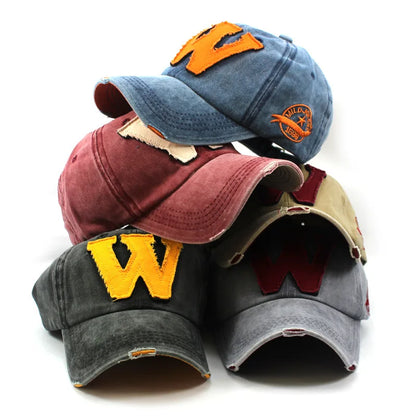 Washed Cotton Baseball Cap – Embroidered Letter W Snapback