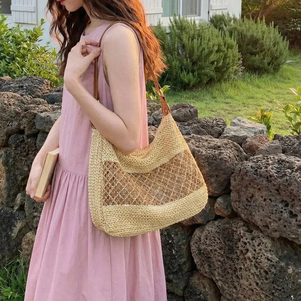 Women's Handmade Straw Beach Bag – Large Hollow Mesh Shoulder Bag