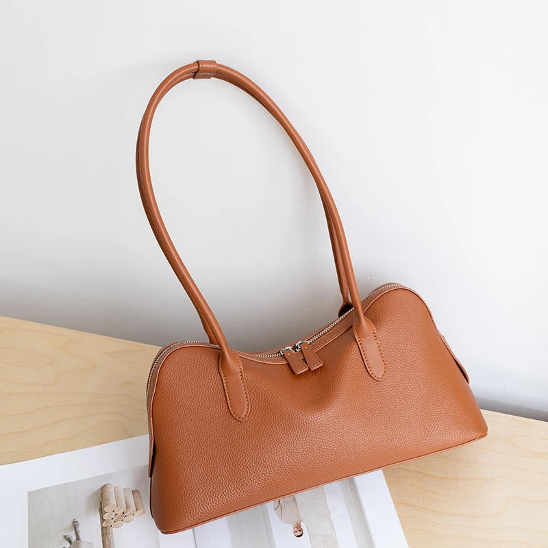 Genuine Leather Baguette Shoulder Bag – Women's Pebbled Hobo Tote