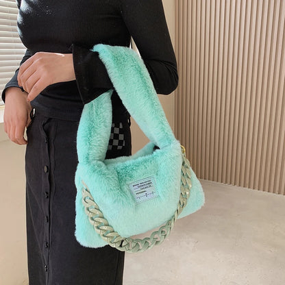 Soft Plush Shoulder Bags Women 2022 Winter Luxury Designer Handbag Thick Chain Fluffy Hand Warmers