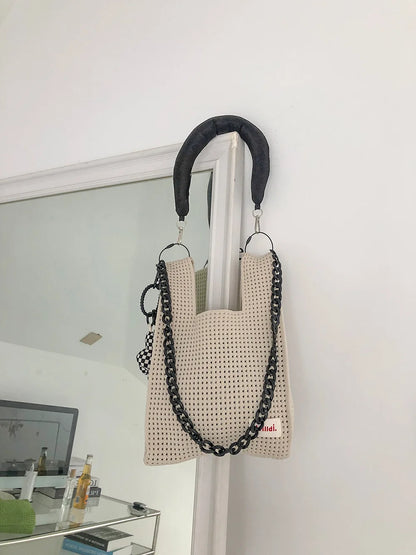 Beach Handbag Girls Summer Rope Hollow Out Hand Woven Shoulder Crossbody Totes Bag Women Knitting