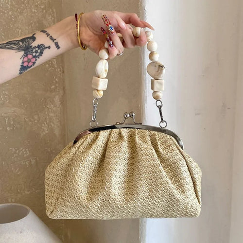 Kiss Lock Clutch Bag – Vintage Woven Beaded Handle Handbag