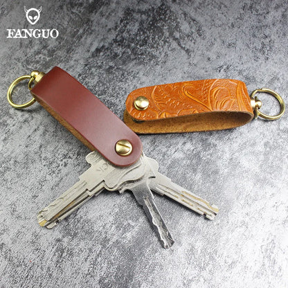 Genuine Leather Key Pouch Organizer – Handmade Floral Embossed Keychain Holder