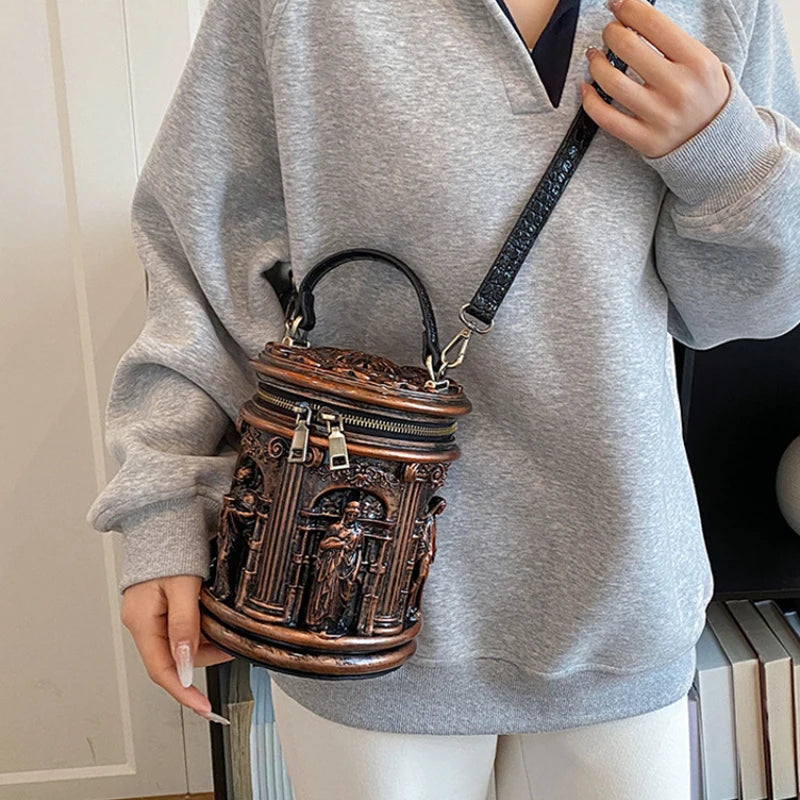 3D Baroque Embossed Bucket Bag – Retro Crossbody Handbag