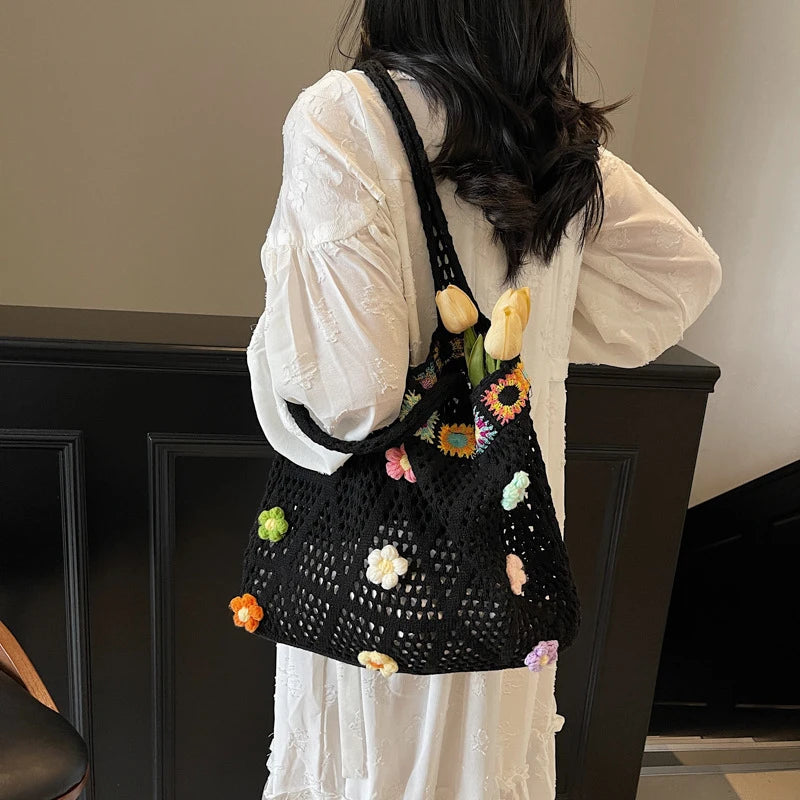 Crochet Flower Beach Tote Bag Women's Boho Shoulder Bag