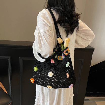 Crochet Flower Beach Tote Bag Women's Boho Shoulder Bag