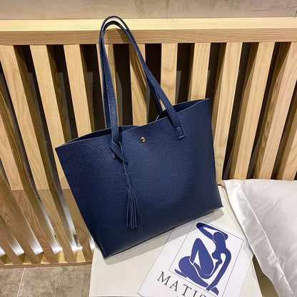 Trend Women Single Shoulder Bag Casual Large Capacity Pu Lychee Pattern Tassel Outdoor Simple Tote