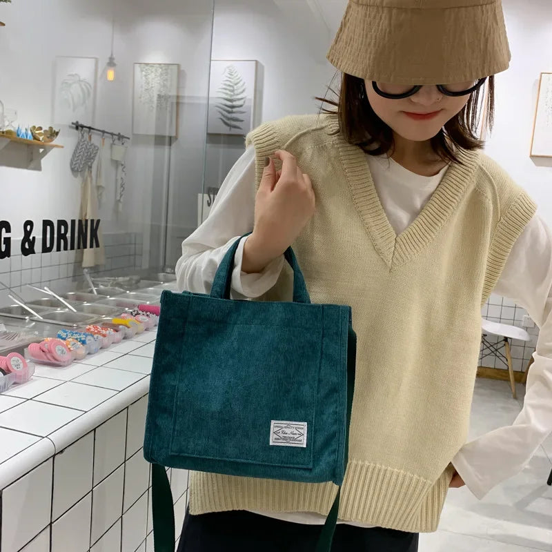 Women Corduroy Zipper Shoulder Bag Small Cotton Canvas Handbag Casual Tote Female Eco Crossbody