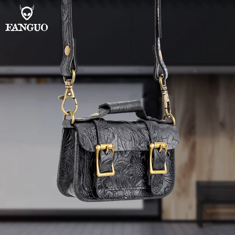 Genuine Leather Mini Crossbody Bag – Floral Embossed Satchel for Women