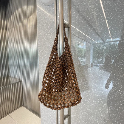 Handmade Wooden Bead Woven Handbag Vintage Double Bamboo Handle Hollow Bucket Bag
