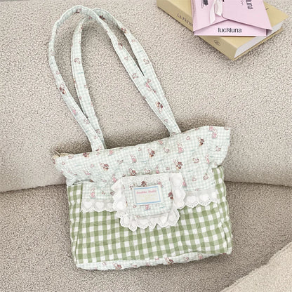 Kawaii Quilted Canvas Tote Bag – Lace Plaid Shoulder Handbag