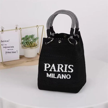 Knit Bucket Bag Women – Letter Print Woven Handbag Small Tote