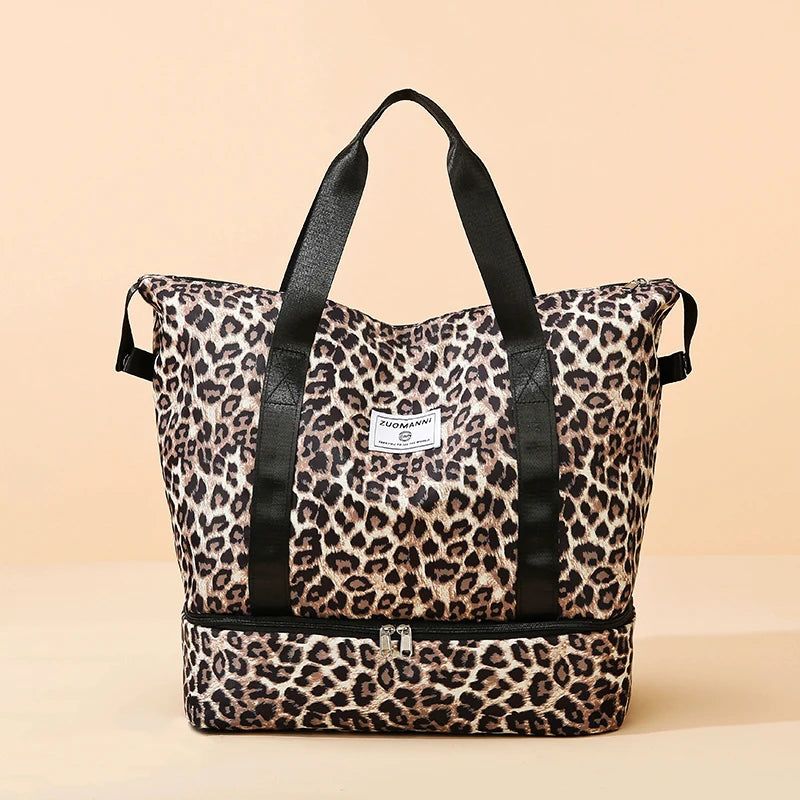 Leopard Print Gym Tote Bag with Bottom Compartment