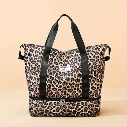 Leopard Print Gym Tote Bag with Bottom Compartment