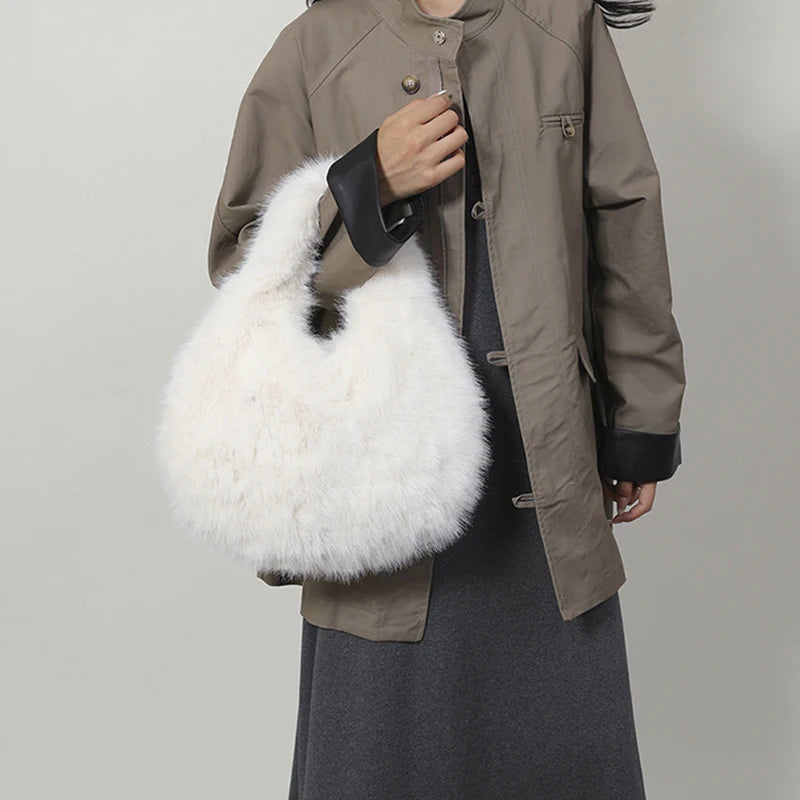 Faux Fur Top Handle Bag for Women – Fluffy Wrist Knot Mini Tote