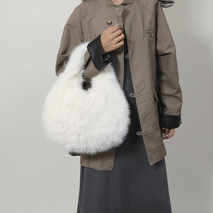 Faux Fur Top Handle Bag for Women – Fluffy Wrist Knot Mini Tote