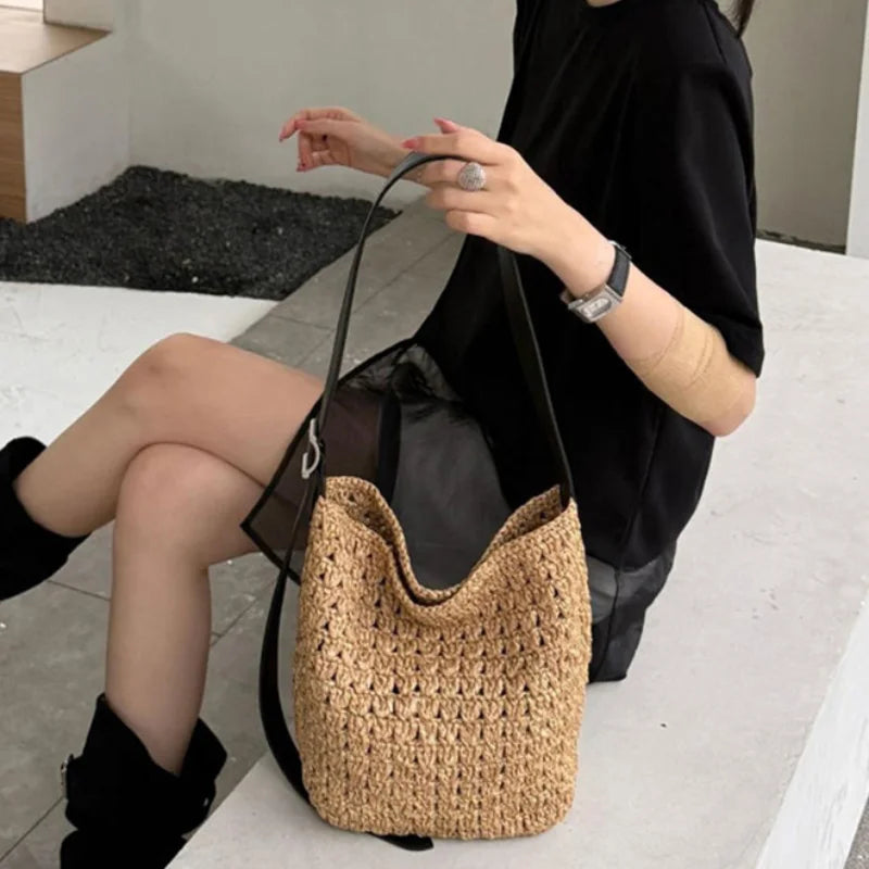 Raffia Woven Shoulder Bag – Women's Large Capacity Bucket Bag