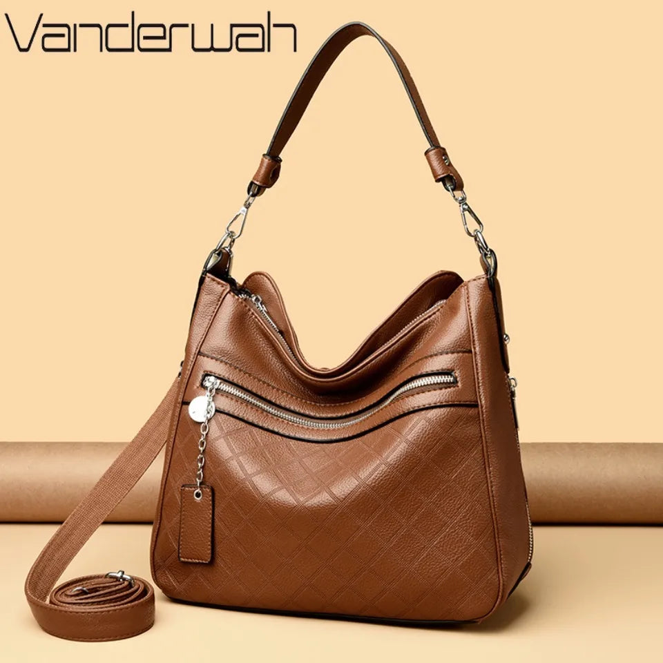 Large Leather Hobo Handbag with Quilted Detail & Shoulder Strap