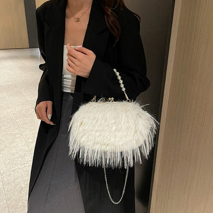 Plush Evening Bag – Fluffy Faux Fur Clutch with Pearl Handle