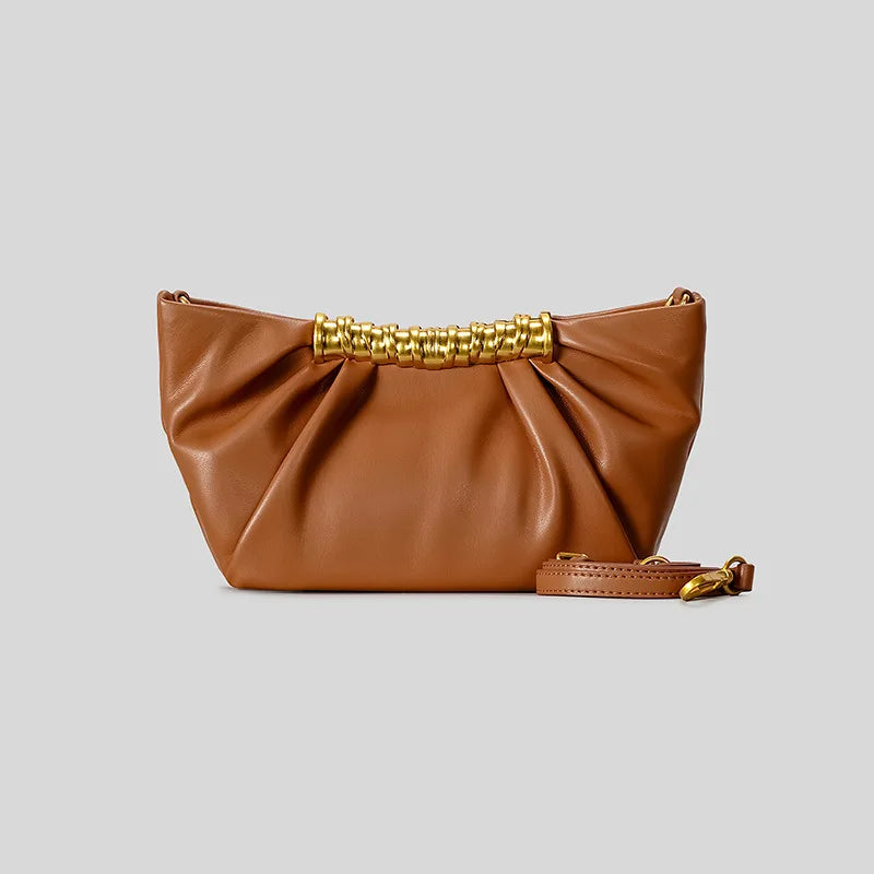 Elegant Ruched Hobos Clucth Bag Luxury Designer Metal Handle Women Handbags Soft Pu Leather Shoulder