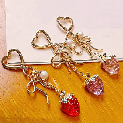 Crystal Strawberry Keychain with Bow & Heart Charm