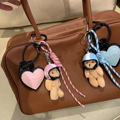 Bear Keychain – Cute Plush Helmet Bear Bag Charm with Heart