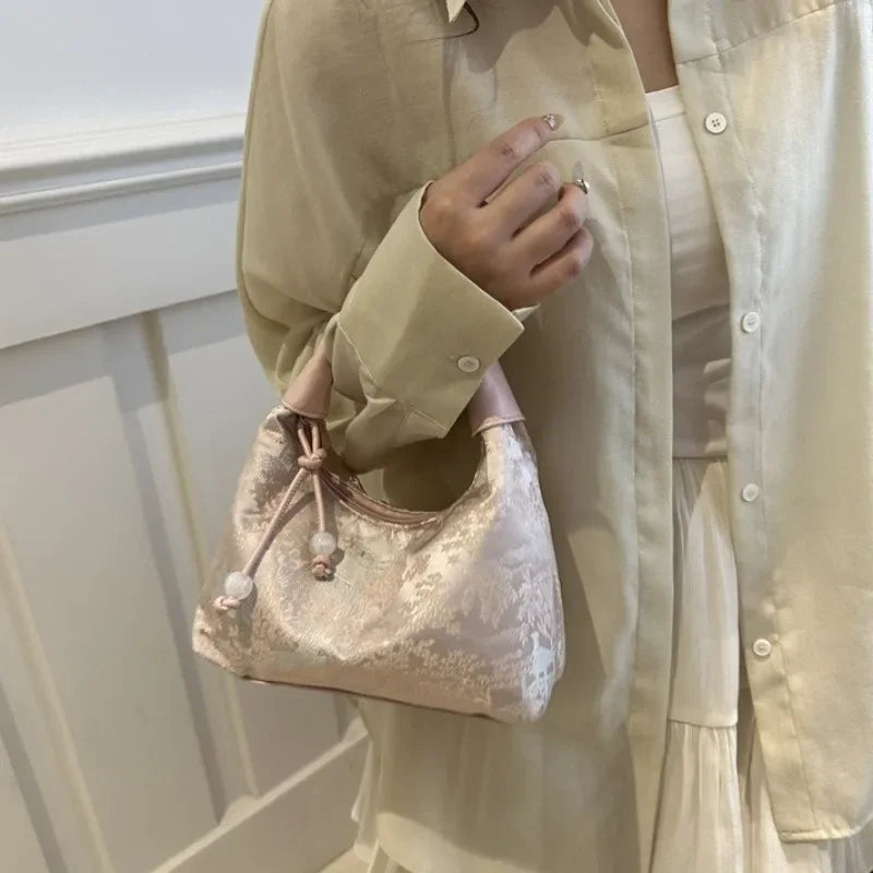 Embroidered Bucket Bag Women's Pearl Crossbody Handbag