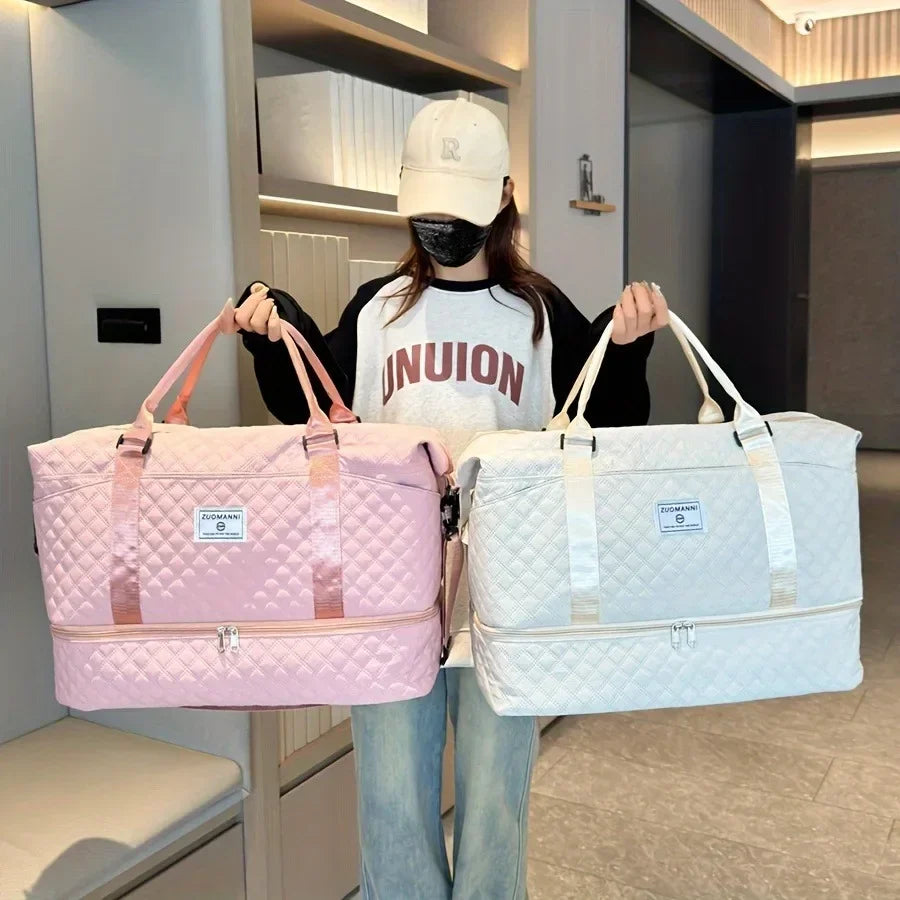 Quilted Nylon Travel Duffle Bag Set with Shoe Compartment