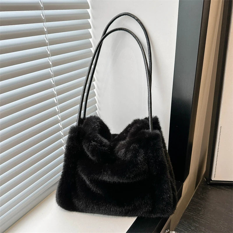 Fluffy Plush Shoulder Tote Bag – Soft Faux Fur Top-Handle Handbag