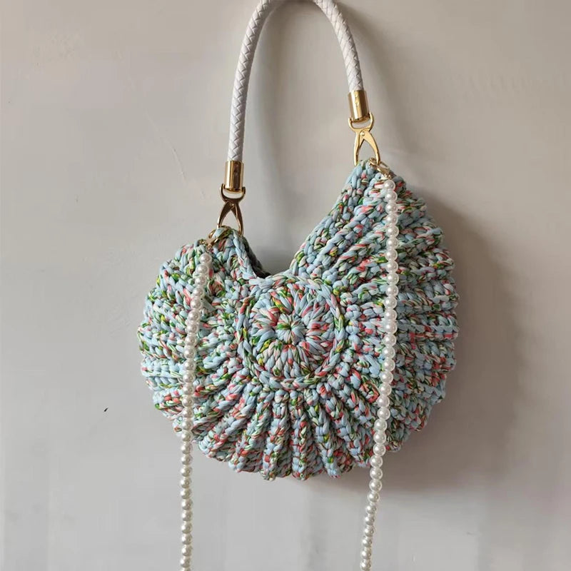 Crochet Conch Shoulder Bag with Pearl Chain – Handmade Woven Bag