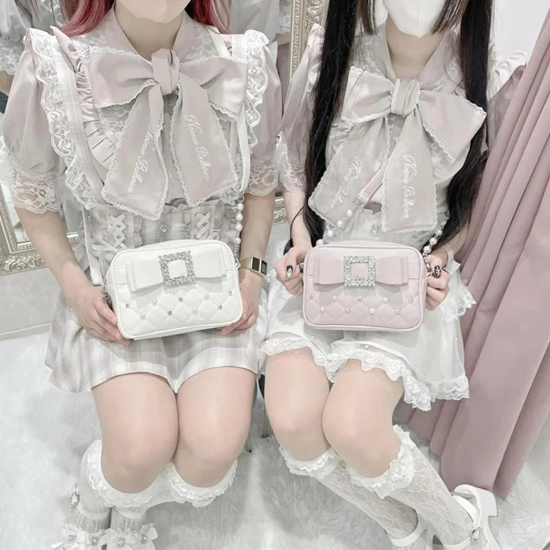 Diamond Bow Quilted Crossbody Bag – Women's Pearl Embellished Purse