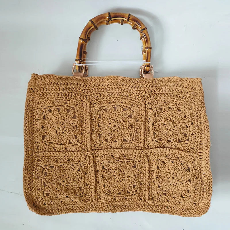 Vintage Bamboon Handle Women Handbags Crochet Large Capacity Tote Bag Handmade Woven Hollow Beach