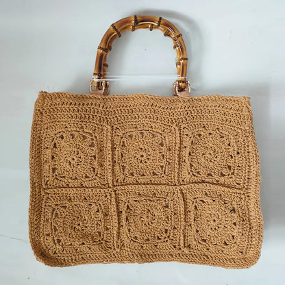 Vintage Bamboon Handle Women Handbags Crochet Large Capacity Tote Bag Handmade Woven Hollow Beach