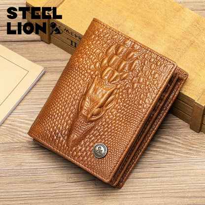 Men's Genuine Leather Wallet – Crocodile Pattern, Large Capacity