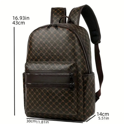 Large Capacity PU Leather Backpack – Monogram Pattern