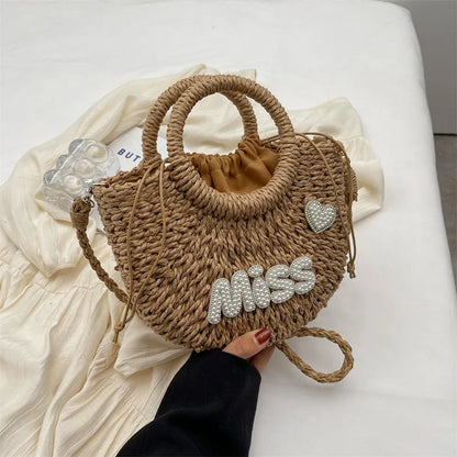 Round Straw Tote Bag – Pearl MISS Letter Woven Handbag