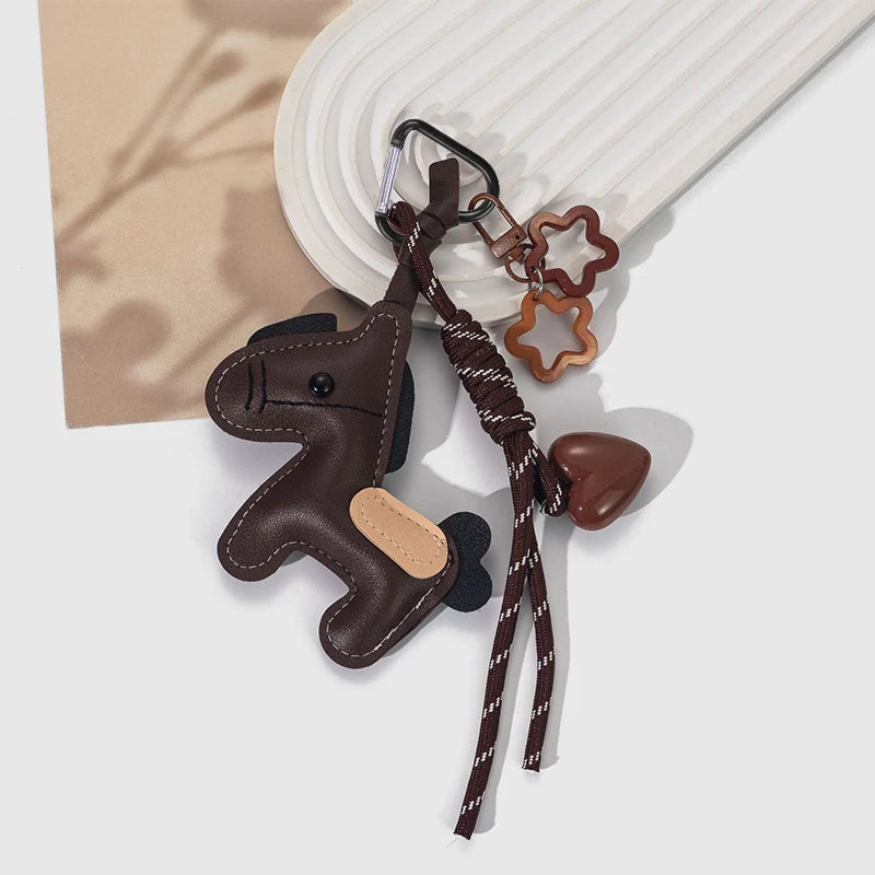 PU Leather Pony Keychain with Heart & Flower Bag Charm